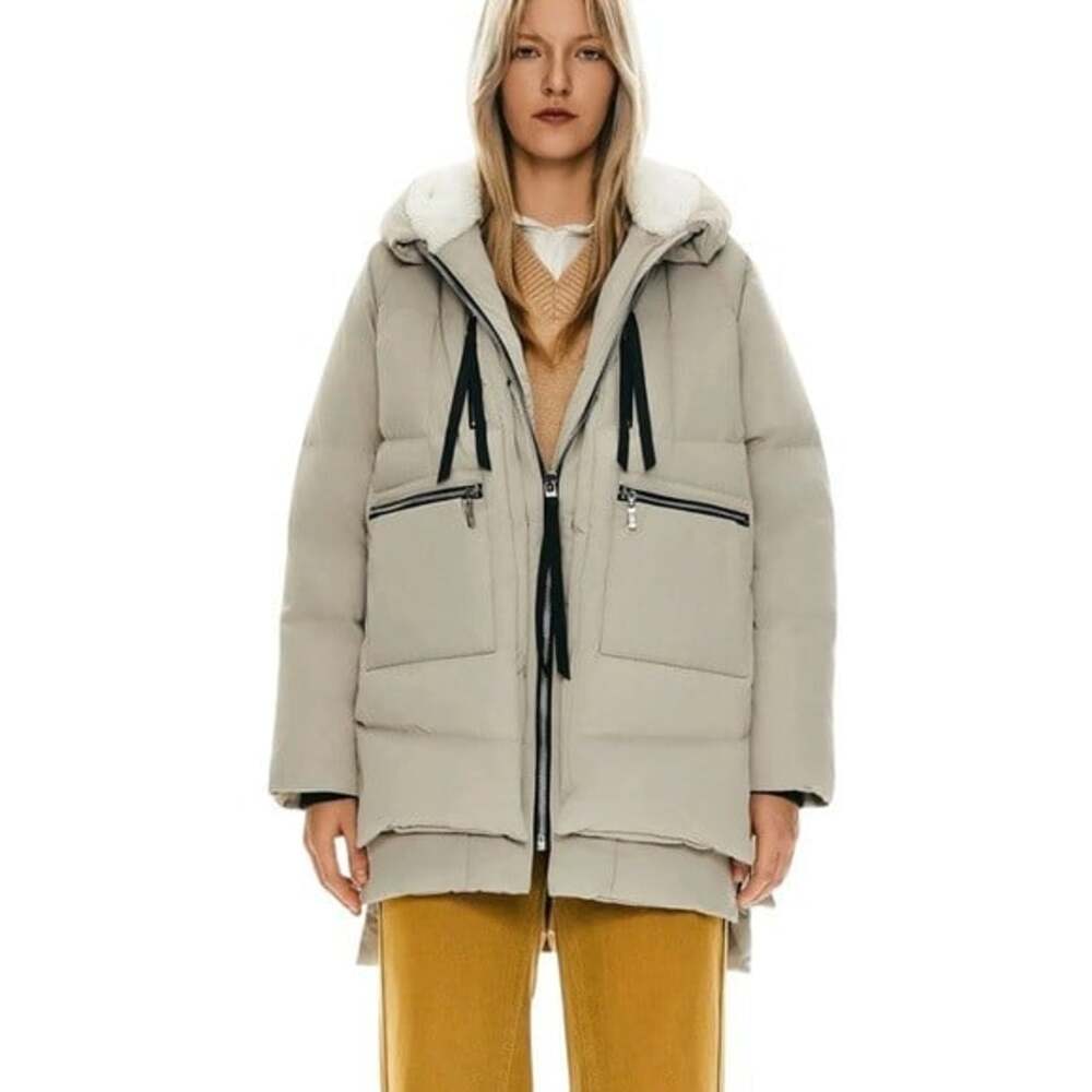 Orolay Universe Down Jacket XS Beige Fleece Lined Quilted Zip Coat Gorpcore